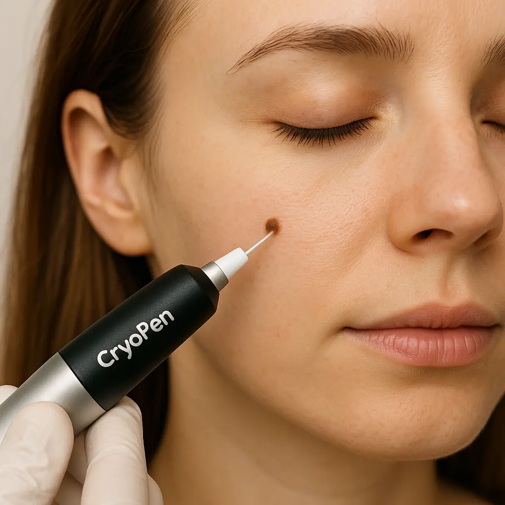 woman receiving facial mole removal Higham Hill using cryopen 
